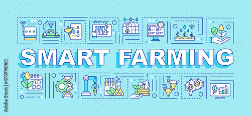 Smart farming word concepts turquoise banner. IoT devices usage. Infographics with linear icons on background. Isolated typography. Vector color illustration with text. Arial-Black font used