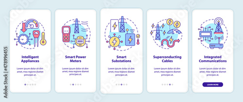 Smart grid components onboarding mobile app screen. Power system walkthrough 5 steps graphic instructions pages with linear concepts. UI, UX, GUI template. Myriad Pro-Bold, Regular fonts used