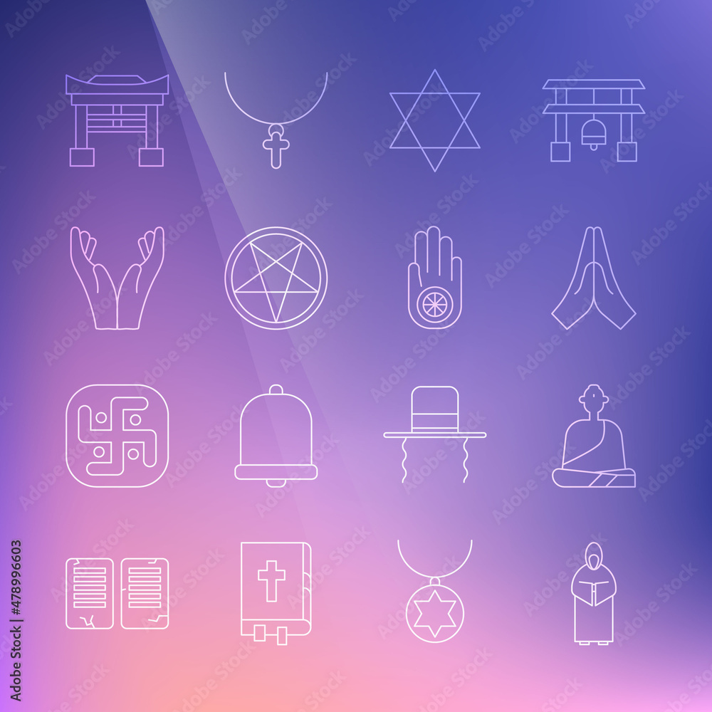 Set line Monk, Buddhist monk, Hands in praying position, Star of David, Pentagram circle, Japan Gate and Jainism or Jain Dharma icon. Vector Set line Monk, Buddhist monk, Hands in praying position, Star of David, Pentagram circle, Japan Gate and Jainism or Jain Dharma icon. Vector