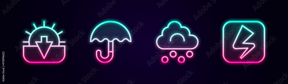 Set line Sunset, Umbrella, Hail cloud and Lightning bolt. Glowing neon icon. Vector Set line Sunset, Umbrella, Hail cloud and Lightning bolt. Glowing neon icon. Vector