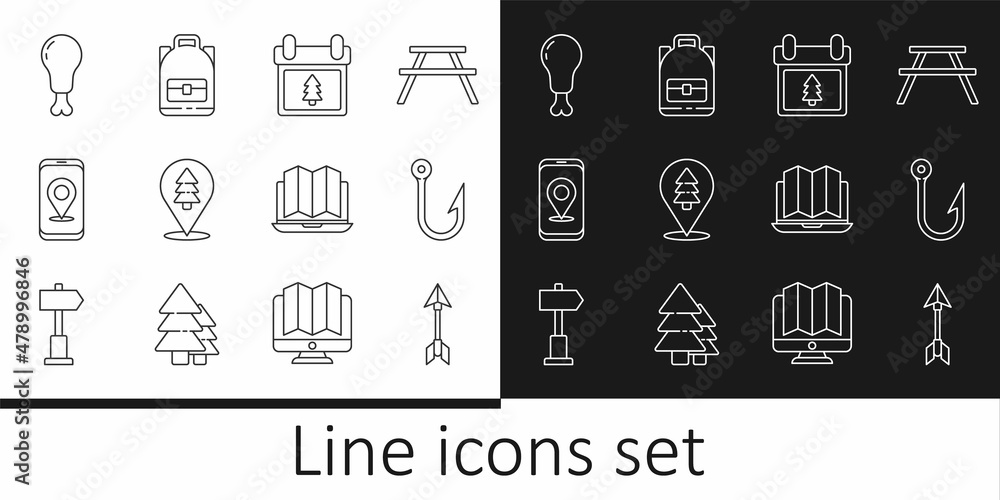 Set line Hipster arrow, Fishing hook, Calendar with tree, Location of the forest, City map navigation, Chicken leg, laptop and Hiking backpack icon. Vector