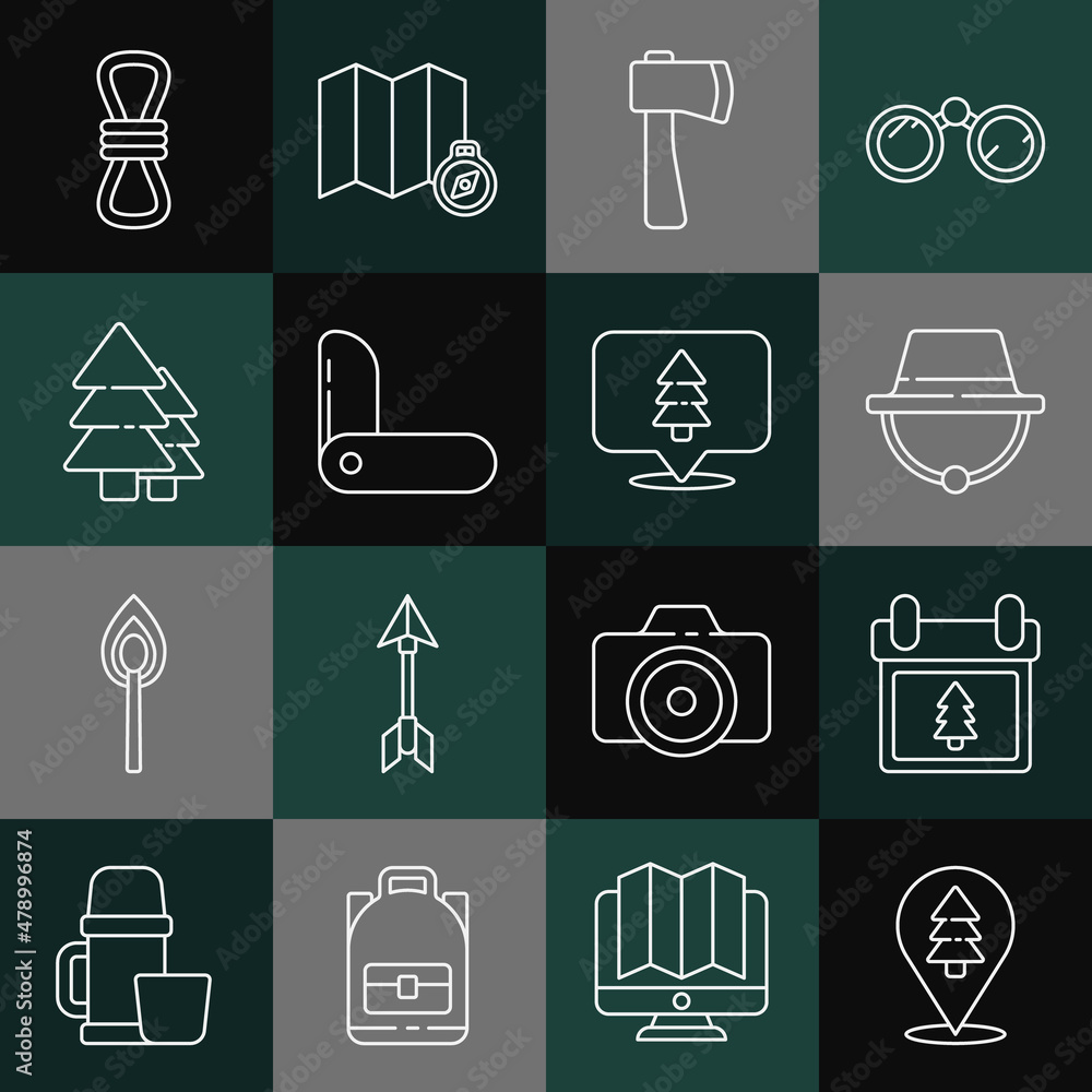 Set line Location of the forest, Calendar with tree, Camping hat, Wooden axe, Swiss army knife, Tree, Climber rope and icon. Vector Set line Location of the forest, Calendar with tree, Camping hat, Wooden axe, Swiss army knife, Tree, Climber rope and icon. Vector