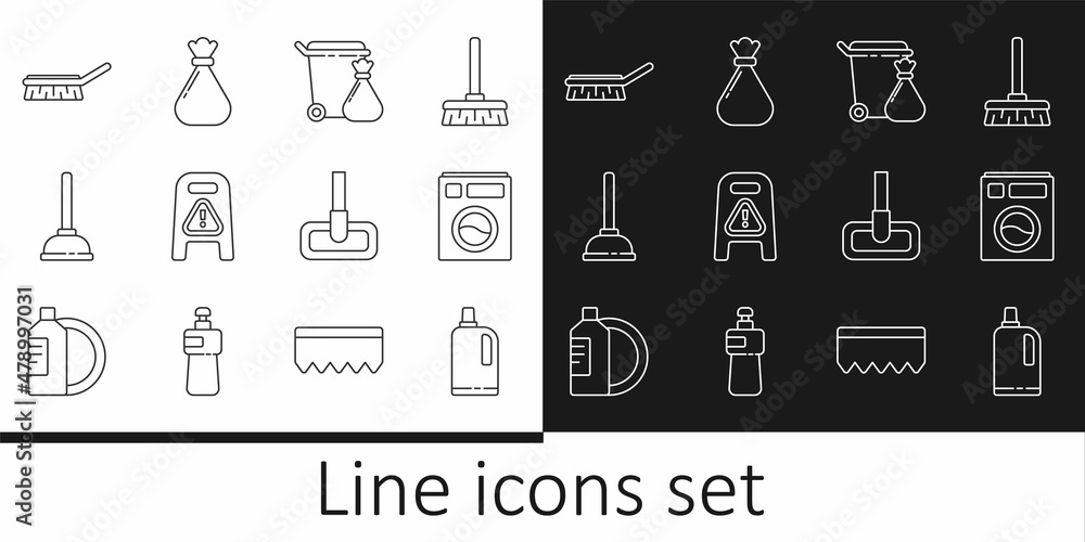 Set line Fabric softener, Washer, Trash can and garbage bag, Wet floor cleaning in progress, Rubber plunger, Brush for, Mop and Garbage icon. Vector