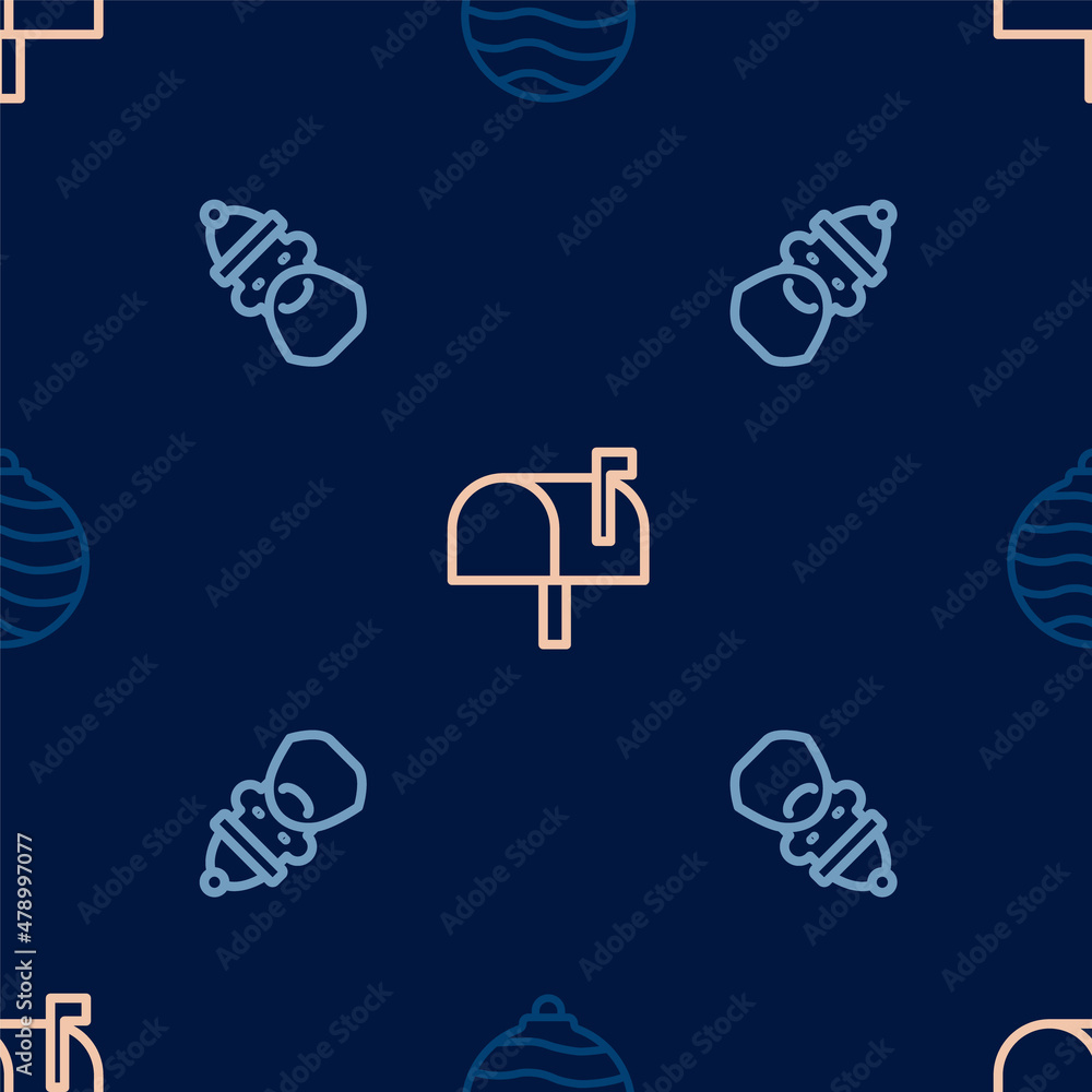 Set line Christmas ball, Santa Claus hat and beard and Mail box on seamless pattern. Vector Set line Christmas ball, Santa Claus hat and beard and Mail box on seamless pattern. Vector