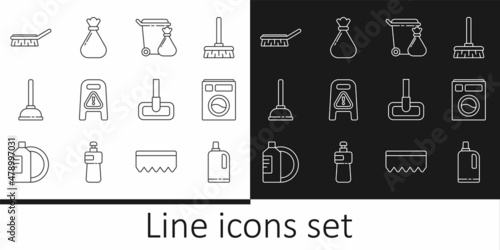 Set line Fabric softener, Washer, Trash can and garbage bag, Wet floor cleaning in progress, Rubber plunger, Brush for, Mop and Garbage icon. Vector