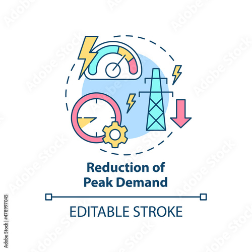 Reduction of peak demand concept icon. Smart grid system work abstract idea thin line illustration. Isolated outline drawing. Editable stroke. Roboto-Medium, Myriad Pro-Bold fonts used