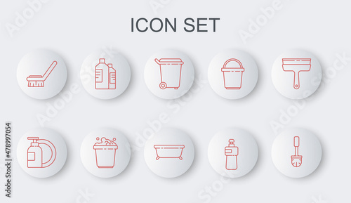 Set line Toilet brush, Dishwashing liquid bottle and plate, Trash can, Brush for cleaning, Bottles agent, Bucket with soap suds and Bathtub icon. Vector