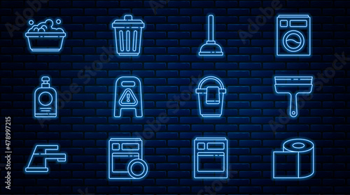 Set line Toilet paper roll, Rubber cleaner for windows, plunger, Wet floor and cleaning progress, Hand sanitizer bottle, Plastic basin with soap suds, Bucket rag and Trash can icon. Vector