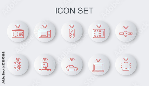 Set line Smart flasher siren, traffic light, stereo speaker, Wireless laptop, radio, microwave oven, sensor and car system with wireless icon. Vector