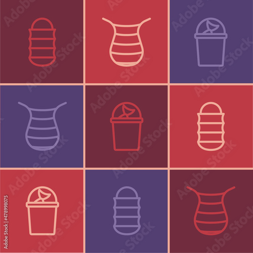 Set line Fishing net  bucket with fish and icon. Vector