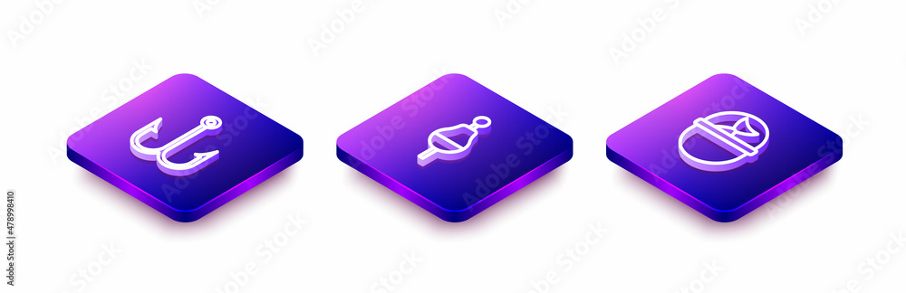 Set Isometric line Fishing hook, float and bucket with fish icon. Vector Set Isometric line Fishing hook, float and bucket with fish icon. Vector