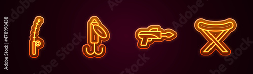 Set line Fishing rod, lure, harpoon and Camping folding chair. Glowing neon icon. Vector