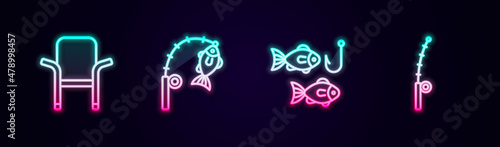 Set line Camping folding chair, Fishing rod and fish, hook with and . Glowing neon icon. Vector