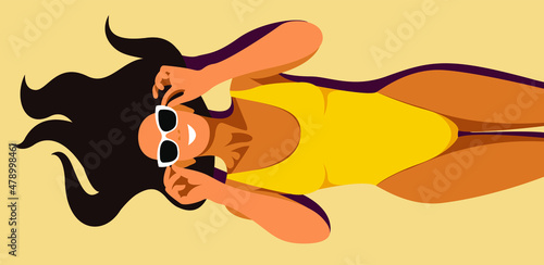 vector illustration on the theme of summer holidays. beautiful young tanned girl in a yellow swimsuit sunbathes on the beach. useful for advertising summer vacations, resorts, hotels, beaches, print