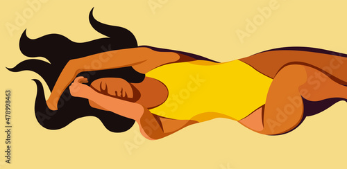 vector illustration on the theme of summer holidays. beautiful young tanned girl in a yellow swimsuit sunbathes on the beach. useful for advertising summer vacations, resorts, hotels, beaches, print