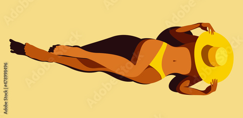 vector illustration on the theme of summer holidays. beautiful young tanned girl in a yellow swimsuit sunbathes on the beach. useful for advertising summer vacations, resorts, hotels, beaches, print