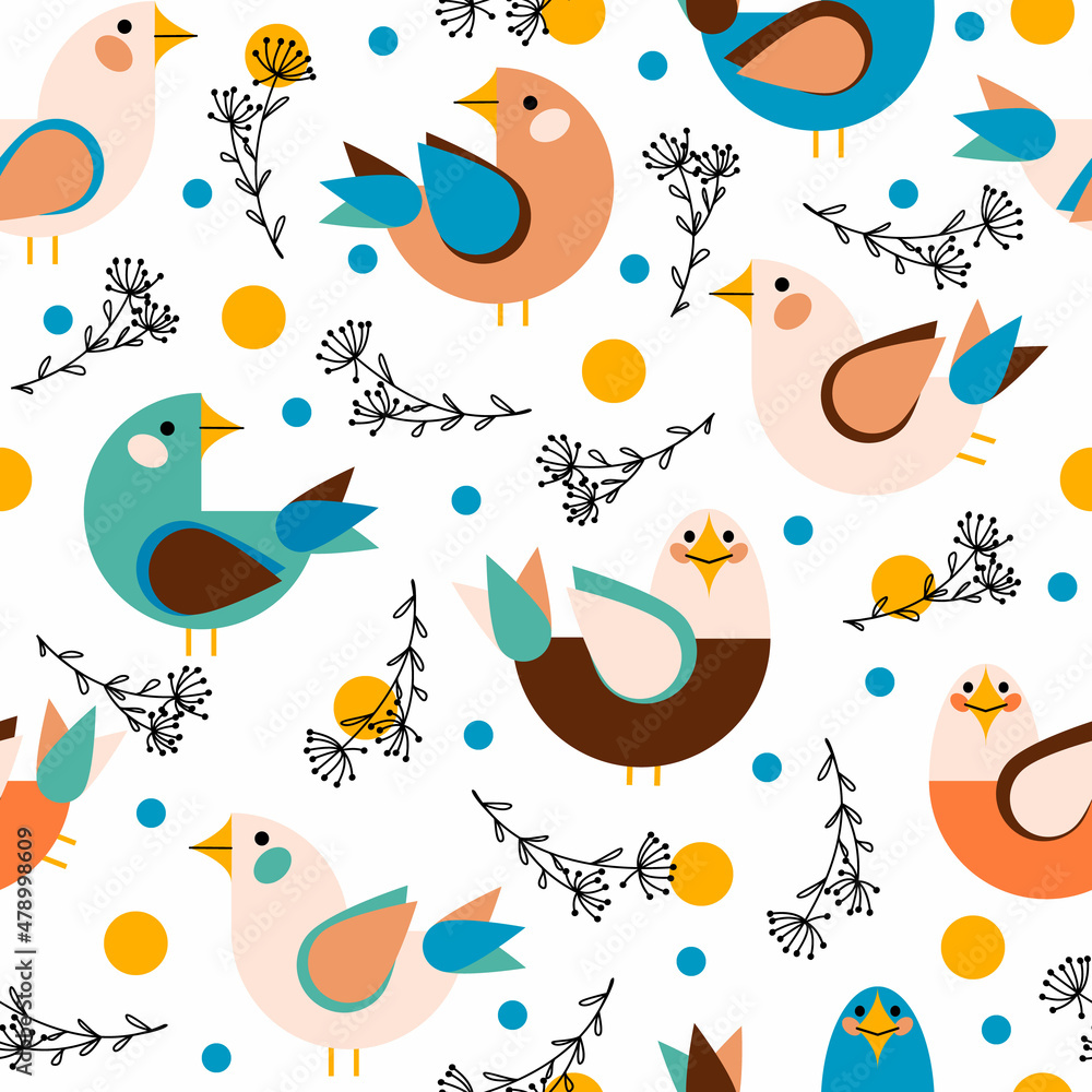Seamless pattern with geometric minimalistic birds, line art flowers and colored circles. Vector cartoon birds