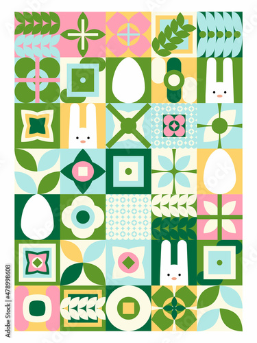 Geometric illustration for Easter holidays with simple flat bunnies and neo geometry pattern. Modern geometric abstract style. Vector composition for Easter and spring © AnnstasAg