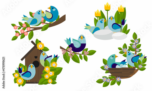 Set of geometric minimalistic birds near nests and birdhouses. Geometric vector composition for spring, summer and Easter