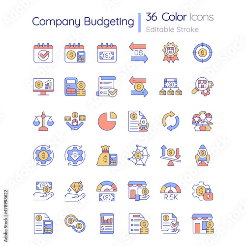 Company budgeting RGB color icons set. Financial plan for business. Expenses, income. Isolated vector illustrations. Simple filled line drawings collection. Editable stroke. Quicksand-Light font used