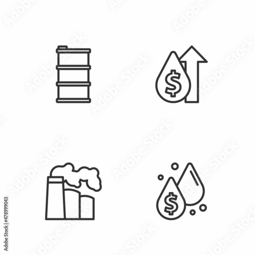 Set line Oil drop with dollar symbol, and gas industrial factory, Barrel oil and price increase icon. Vector