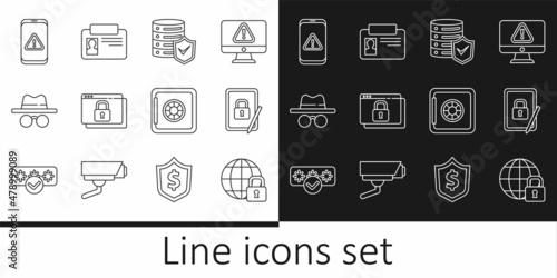 Set line Global lockdown, Tablet with closed padlock, Server shield, Secure your site HTTPS, SSL, Incognito mode, Mobile exclamation mark, Safe and Identification badge icon. Vector