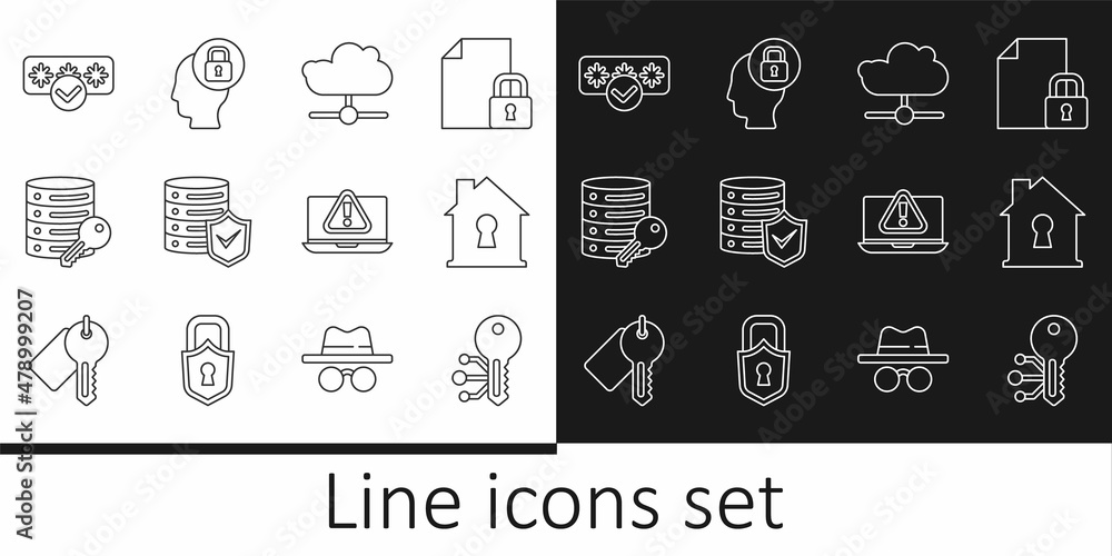 Set line Cryptocurrency key, House under protection, Network cloud connection, Server with shield, security, Password, Laptop exclamation mark and Human head lock icon. Vector