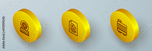 Set Isometric line Car tire wheel, Racing helmet and radiator cooling system icon. Vector
