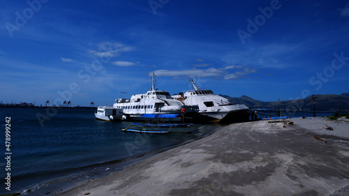 Refurbished cruise passenger yacht docked on the beach
