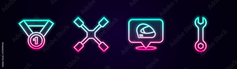 Set line Medal, Wheel wrench, Racing helmet and Wrench spanner. Glowing neon icon. Vector Set line Medal, Wheel wrench, Racing helmet and Wrench spanner. Glowing neon icon. Vector
