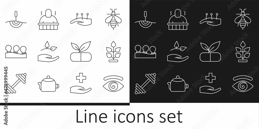 Set line Hypnosis, Plant, Acupuncture therapy, Leaf in hand, Vacuum cans, Medical pill with plant and Sauna spa procedures icon. Vector