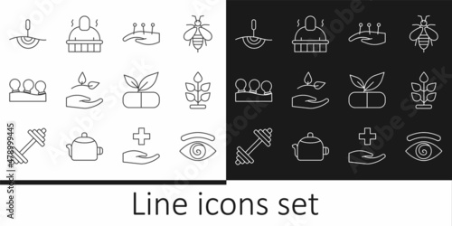 Set line Hypnosis  Plant  Acupuncture therapy  Leaf in hand  Vacuum cans  Medical pill with plant and Sauna spa procedures icon. Vector