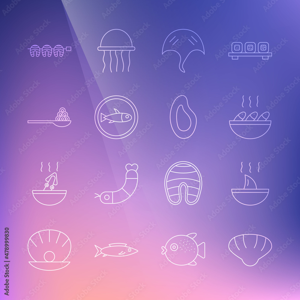 Set line Scallop sea shell, Shark fin soup, Fish, Stingray, Served fish on plate, Caviar spoon, Grilled steak and Mussel icon. Vector Set line Scallop sea shell, Shark fin soup, Fish, Stingray, Served fish on plate, Caviar spoon, Grilled steak and Mussel icon. Vector