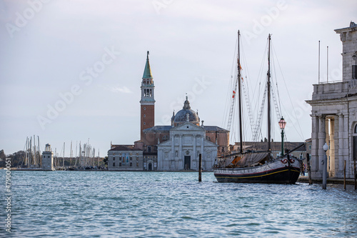 Island murano in Venice Italy. View on canal with boat and motorboat water. Picturesque landscape.