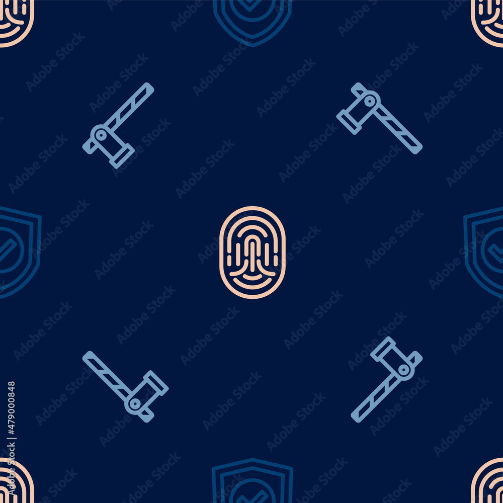 Set line Shield with check mark, Parking car barrier and Fingerprint on seamless pattern. Vector Set line Shield with check mark, Parking car barrier and Fingerprint on seamless pattern. Vector