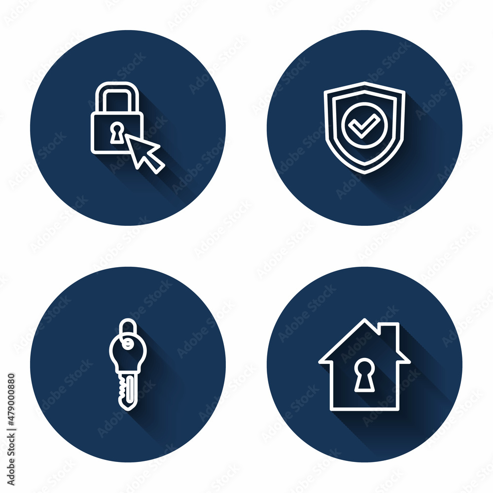 Set line Lock, Shield with check mark, Key and House under protection with long shadow. Blue circle button. Vector Set line Lock, Shield with check mark, Key and House under protection with long shadow. Blue circle button. Vector