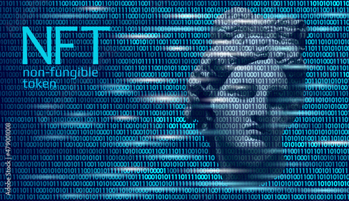 3D NFT Non Fungible unique cryptocurrency. Blockchain art crypto security code. Data stored digital photo object certificate ownership. Technology vector illustration