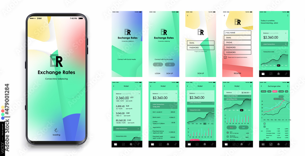 Blockchain wallet UI, UX, GUI Design. Set with a start page ...