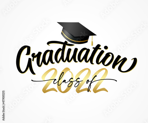 Graduation 2022 class of with square academic cap. Congratulation graduate black lettering and golden numbers with student hat. Template design for party high school or college, grad invitations