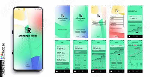 Blockchain wallet UI, UX, GUI Design. Set with a start page, registration, transaction, price chart and settings