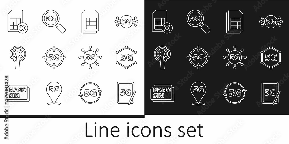 Set line Graphic tablet with 5G, network, Sim card, Antenna, rejected, and Search icon. Vector