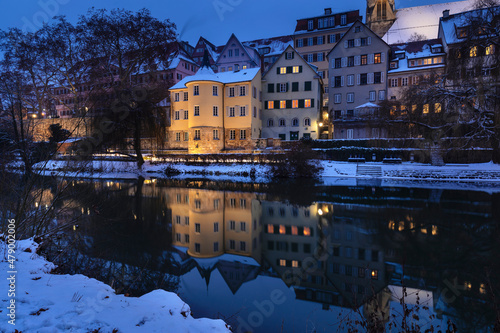 Old Town with Holderlinturm tower reflecting in Neckar River, Tubingen, Swabian Alps, Baden-Wurttemberg photo