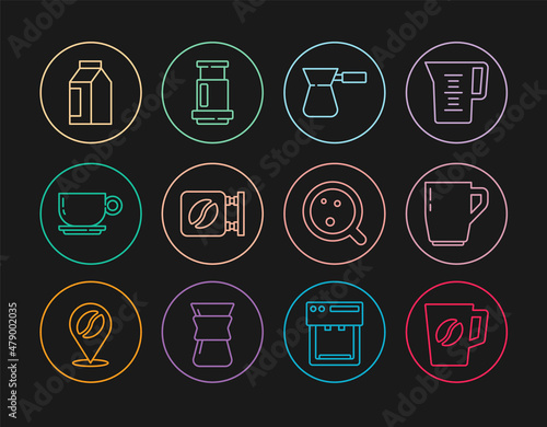 Set line Coffee cup, turk, Street signboard coffee, Bag beans, and Aeropress icon. Vector