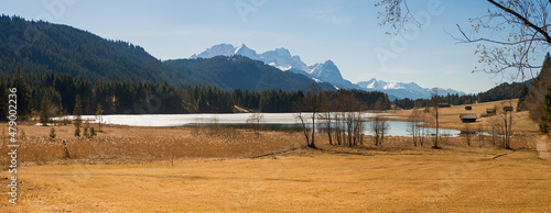 beautiful view to lake Geroldsee and Wetterstein mountains, bavarian landscape in march © SusaZoom