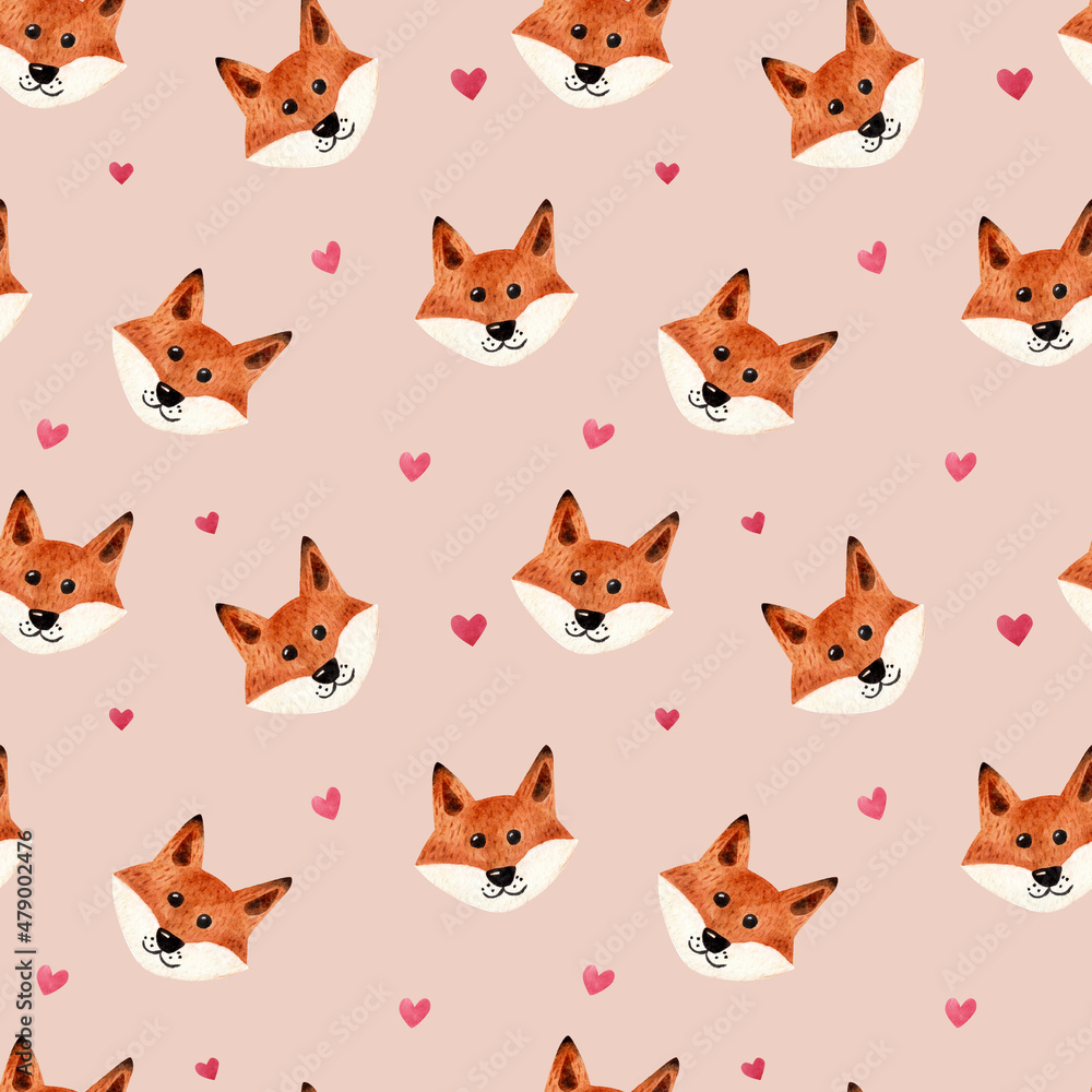 Cute red fox, watercolor print. Seamless pattern. Childrens illustration Cute red fox, watercolor print. Seamless pattern. Childrens illustration