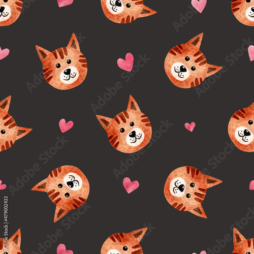 Cute ginger cat  watercolor print. Seamless pattern. Childrens illustration