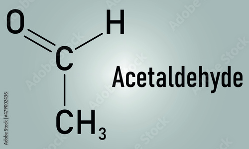 Acetaldehyde or ethanal molecule, chemical structure. Acetaldehyde is a toxic molecule responsible for many symptoms of alcohol hangover. Skeletal formula.