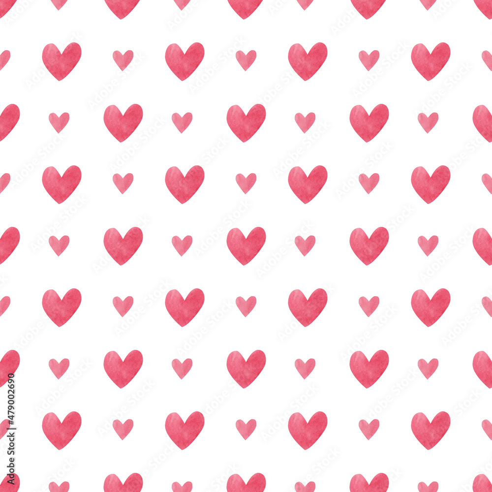 Watercolor hearts. Seamless patterns. Red hearts on a white background.