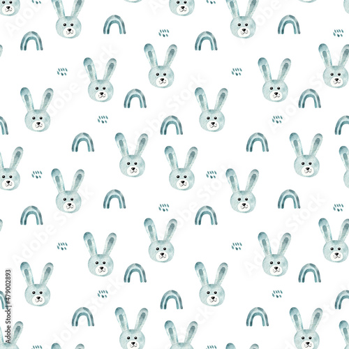 Cute bunny, watercolor print. Seamless pattern. Childrens illustration