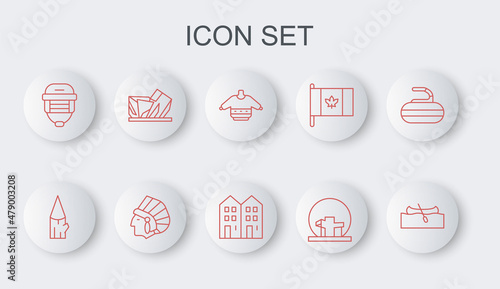 Set line Kayak or canoe, Wooden log, Christmas sweater, Montreal Biosphere, Hockey helmet, Royal Ontario museum, Native American Indian and House icon. Vector